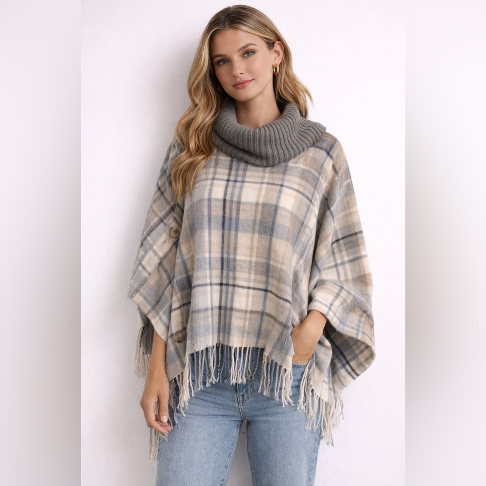 Fraas Plaid Button Poncho Wrap with Fringe | Soft Knit Cowl Neck Cape